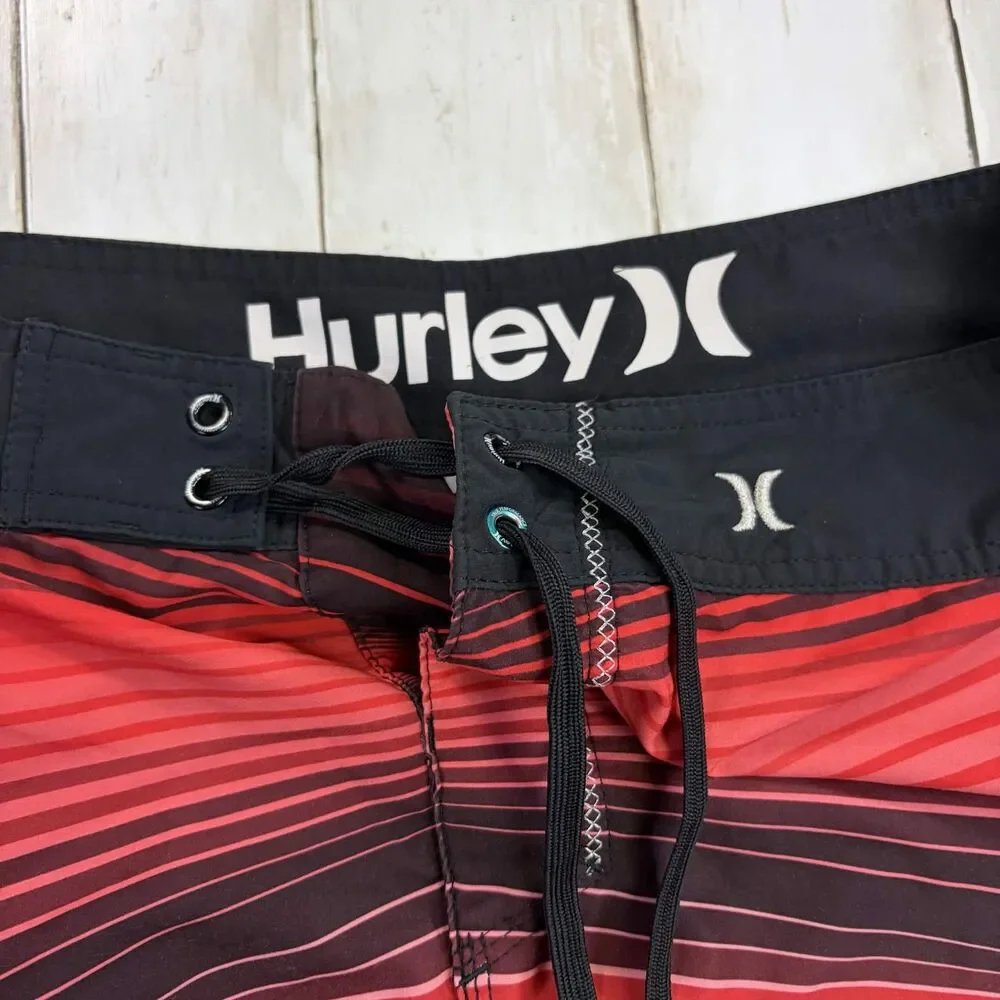 Y2K Hurley Mens Phantom Board Shorts Size Medium Swim Trunks Red Black Striped